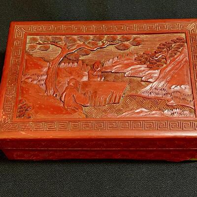 Vintage Red Carved Chinese Cinnabar Cigarette Box