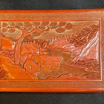 Vintage Red Carved Chinese Cinnabar Cigarette Box