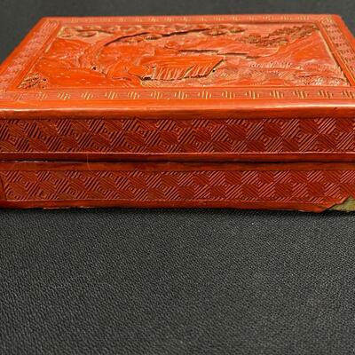 Vintage Red Carved Chinese Cinnabar Cigarette Box