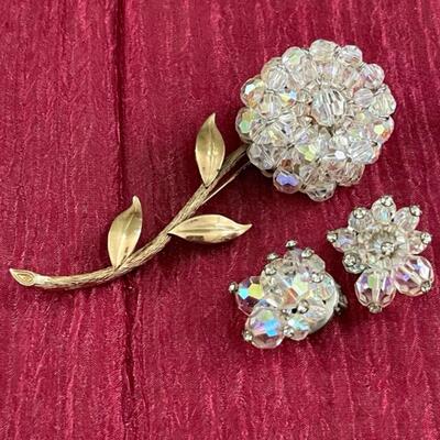 Lot 85 Crystal Flower Pin / Brooch & Clip Earrings No Name