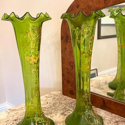 Lot 119 Pair Antique Green Glass Vases Ruffles Gold Decoration 14