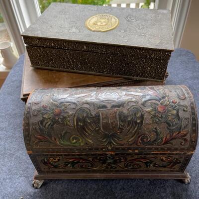 Lot 128 Group 3 Boxes Dome Top Chest Tooled Leather Celluloid Lady
