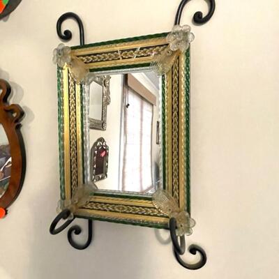 Lot 134 Italian Murano Glass Framed Wall Mirror w/ Black Metal Hanging Bracket