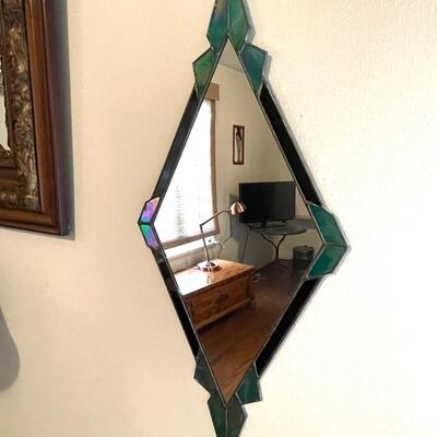 Lot 138 Diamond Shaped Mirror Stained Iridescent Glass Frame