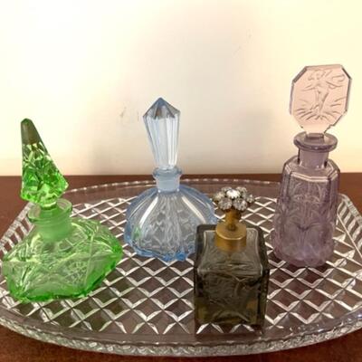 Lot 147 Collection 4 Vintage Glass Perfume Bottles & Tray