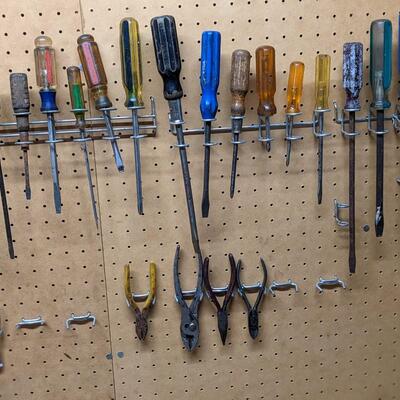 Variety of Screwdrivers and Pliers on Pegboard