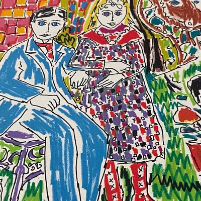 Gloria Vanderbilt Signed Lithograph "2 People with Animals"