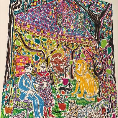 Gloria Vanderbilt Signed Lithograph "2 People with Animals"