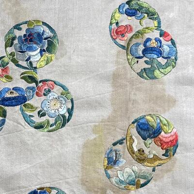 Antique 2 Embroidered Asian Silk Panels Auspicious Symbols - nice!