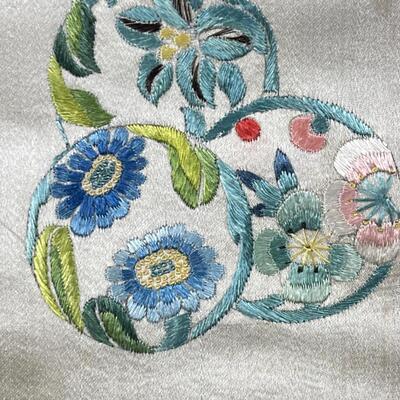 Antique 2 Embroidered Asian Silk Panels Auspicious Symbols - nice!