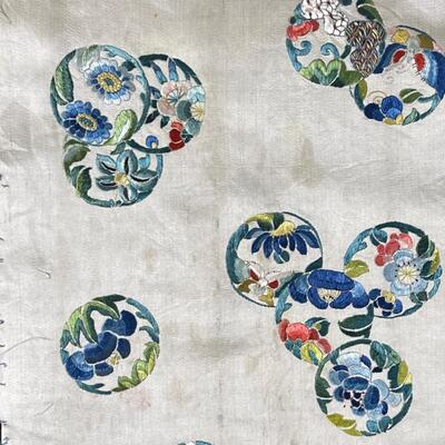 Antique 2 Embroidered Asian Silk Panels Auspicious Symbols - nice!
