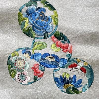 Antique 2 Embroidered Asian Silk Panels Auspicious Symbols - nice!