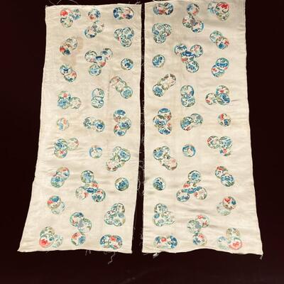 Antique 2 Embroidered Asian Silk Panels Auspicious Symbols - nice!