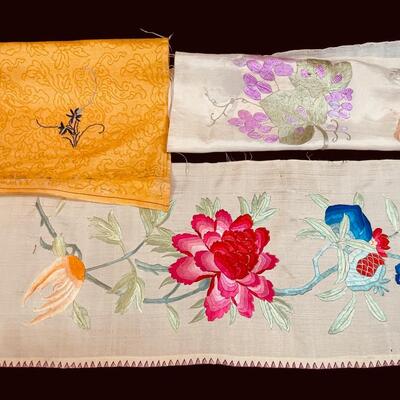 Collection of Vintage Embroidered Silk Fabric Fragments