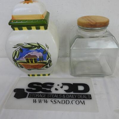 1 Square Glass Jar with Wood Lid, Ceramic Vase with Lid, Green/White with House