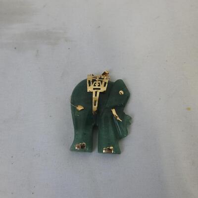 Vintage Jade Elephant Pendant 14k/595 Gold, Green with Gold Design