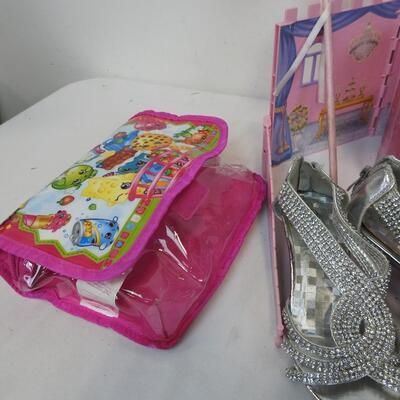 Toy Lot: Princess Castle Background, Shopkins, Kids Size 13 Heels, Black Purse