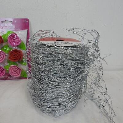 9 pc Holiday Crafts, Skeins of Yarn, Ribbon, Silver Mesh, 3D Roses