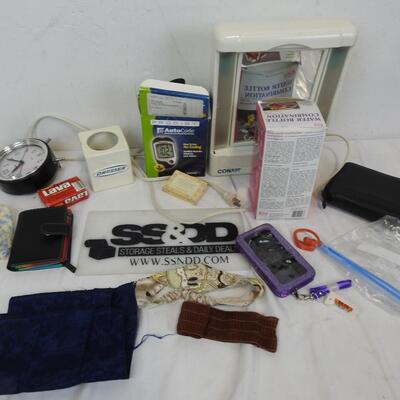 16 pc Personal Care Lot: Water Bottle Combination, Lighted Mirror, Clock