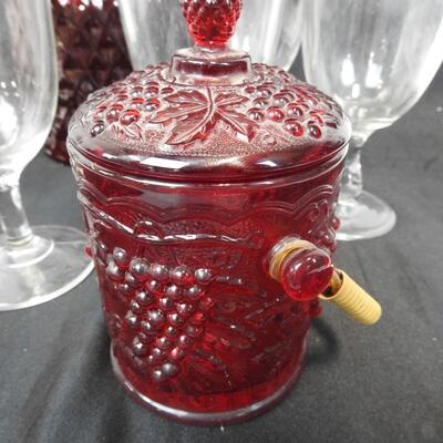 7 Wine Glasses, Red Glass Jar with Handle, Red Flower Vase