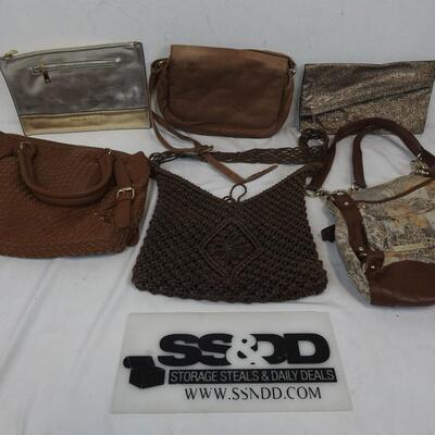 6 purses: 4 Brown, Sparkly Bronze Nordstrom, Gold/Silver Christian Siriano