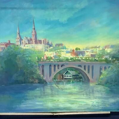E - 402  Signed Original Oil Painting on Canvas by Jean Rainey Smith 2002 â€œ Key Bridge at Night â€œ