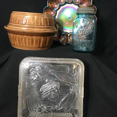 Lot 215: Stoneware Casserole, Carnival Glass Deviled Egg Plate, Blue Ball Jar and More