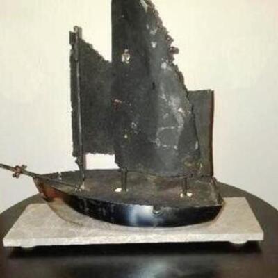 Small Mid-Century Brutalist Torched Steel Sailboat Sculpture on Stone Base