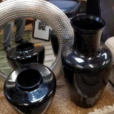 Two large black glass floor vases from the early 80s