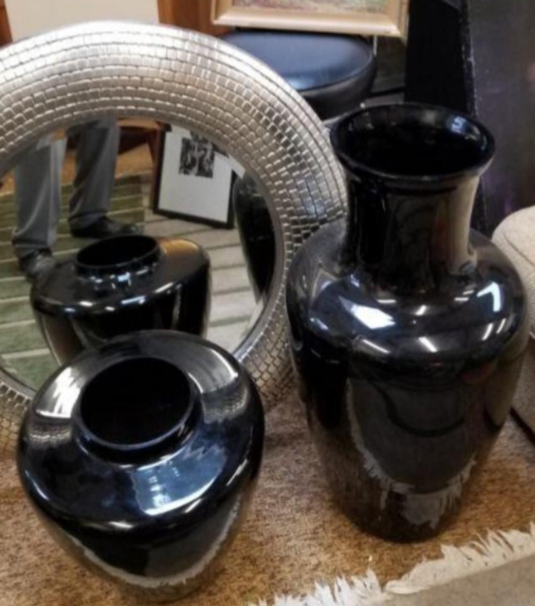 Two large black glass floor vases from the early 80s