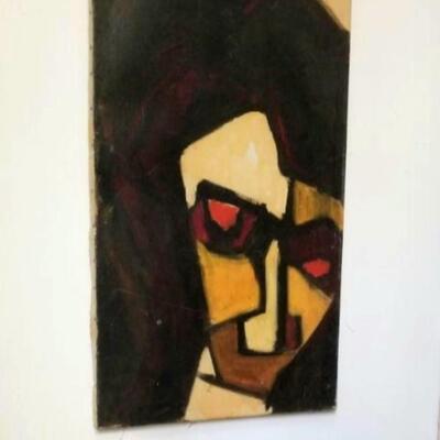 Compelling mid-century abstract painting with strong imagery