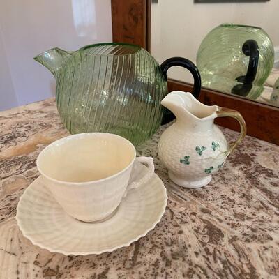 Lot 177  Irish BeLeek Shamrock Creamer Cup & Saucer Green Glass Tea Pot