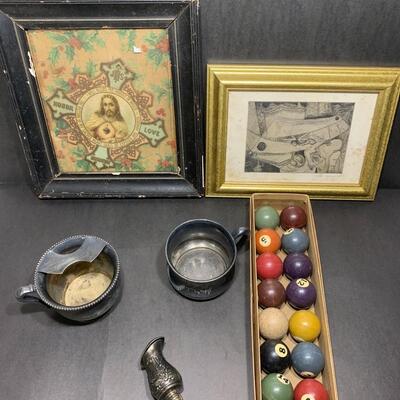 Miscellaneous Lot - Pencil drawing, Pool Balls, Religious