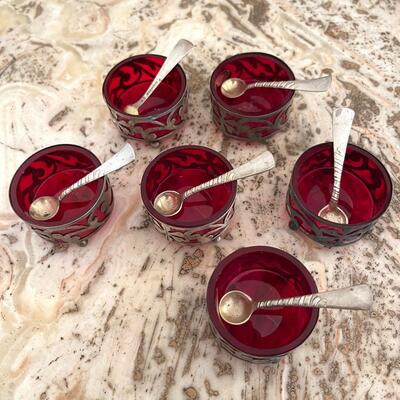 Lot 190   Antique Red Glass w/Sterling Overlay & Sterling Spoons Individual Salt Cellars