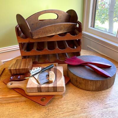 Lot 198  Wooden Kitchen Group Cutting Boards Wine Rack Caddy Etc.