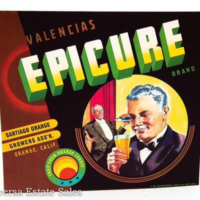 EPICURE  - Vintage Orange Crate Label;  Santiago Orange Growers Association; TM Registered 1920 US Pat Off.

Beautiful condition.  3...