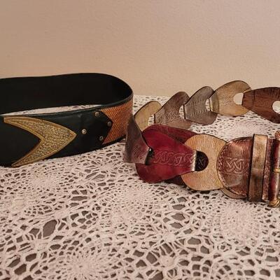 Lot 119: Wide Belts â—‡ Metallic Leather - Leather, Woven and Brass Buckle Belts