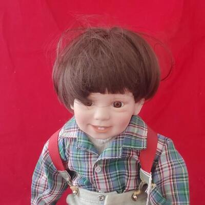 Boy Doll in Plaid outfit with suspenders