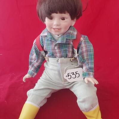 Boy Doll in Plaid outfit with suspenders