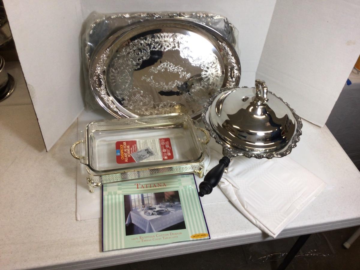 G574 Silver Plate Chafing Dishes & Egyptian Cotton Damask Tablecloth