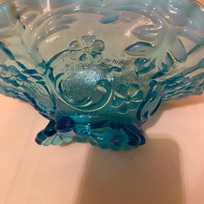 Vintage blue glass fluted & footed bowl