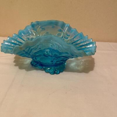 Vintage blue glass fluted & footed bowl