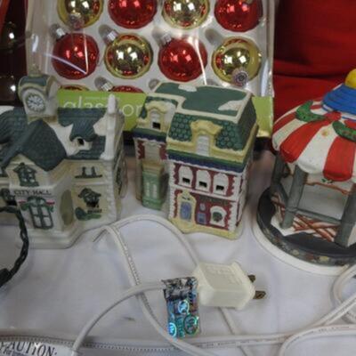 12 pc Christmas: Shiny Glass Ornaments, Light Up Houses, Lights