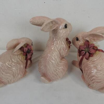 3 Ceramic Pink Bunnies Statues