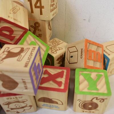 37 Wooden Kid Blocks, Assorted Alphabet Letters, Numbers, Shapes, Foods, Animals