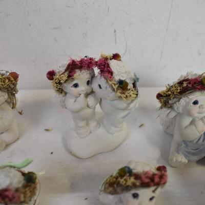 9 Small Angel Statues with Floral Wreathes, Good Condition