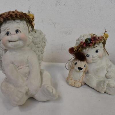 9 Small Angel Statues with Floral Wreathes, Good Condition