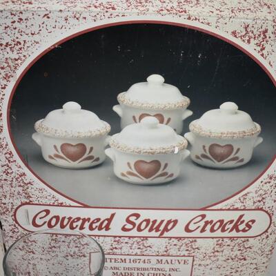 4 Covered Soup Crocks, Mauve Color, 6 Glass Cups, Good Condition