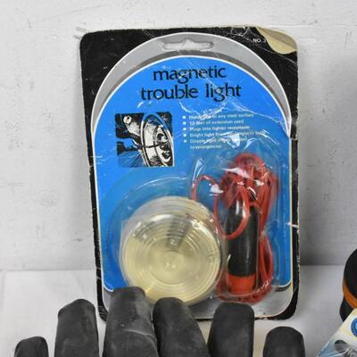 10 pc Automotive Lot: Magnetic Trouble Light, Sun Shield, Gloves