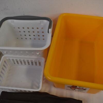 8 pc Home Organization Lot: Plastic Baskets, Metal Organizer, Shower Caddy